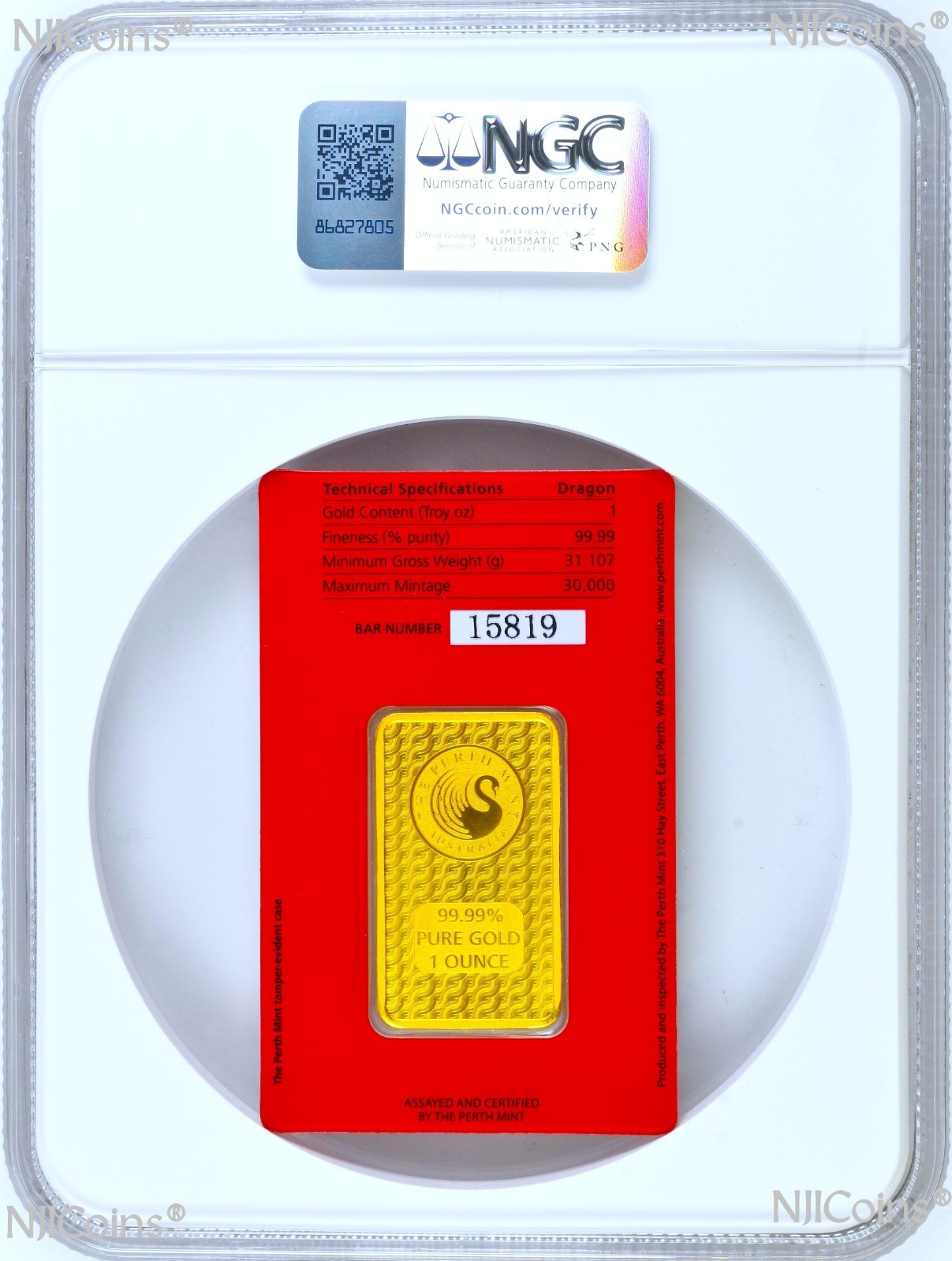 2024 Year of the Dragon 1oz .9999 Gold Perth Minted Bar NGC MS70 Original Card