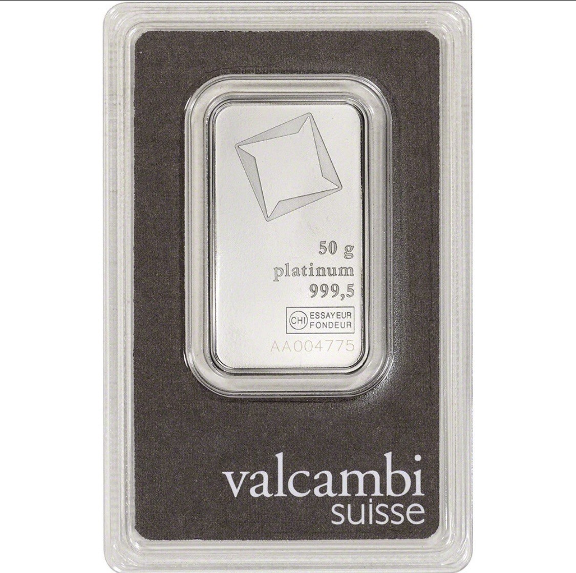 50 Gram Platinum Bar – Valcambi 0.999 Fine In Assay Card