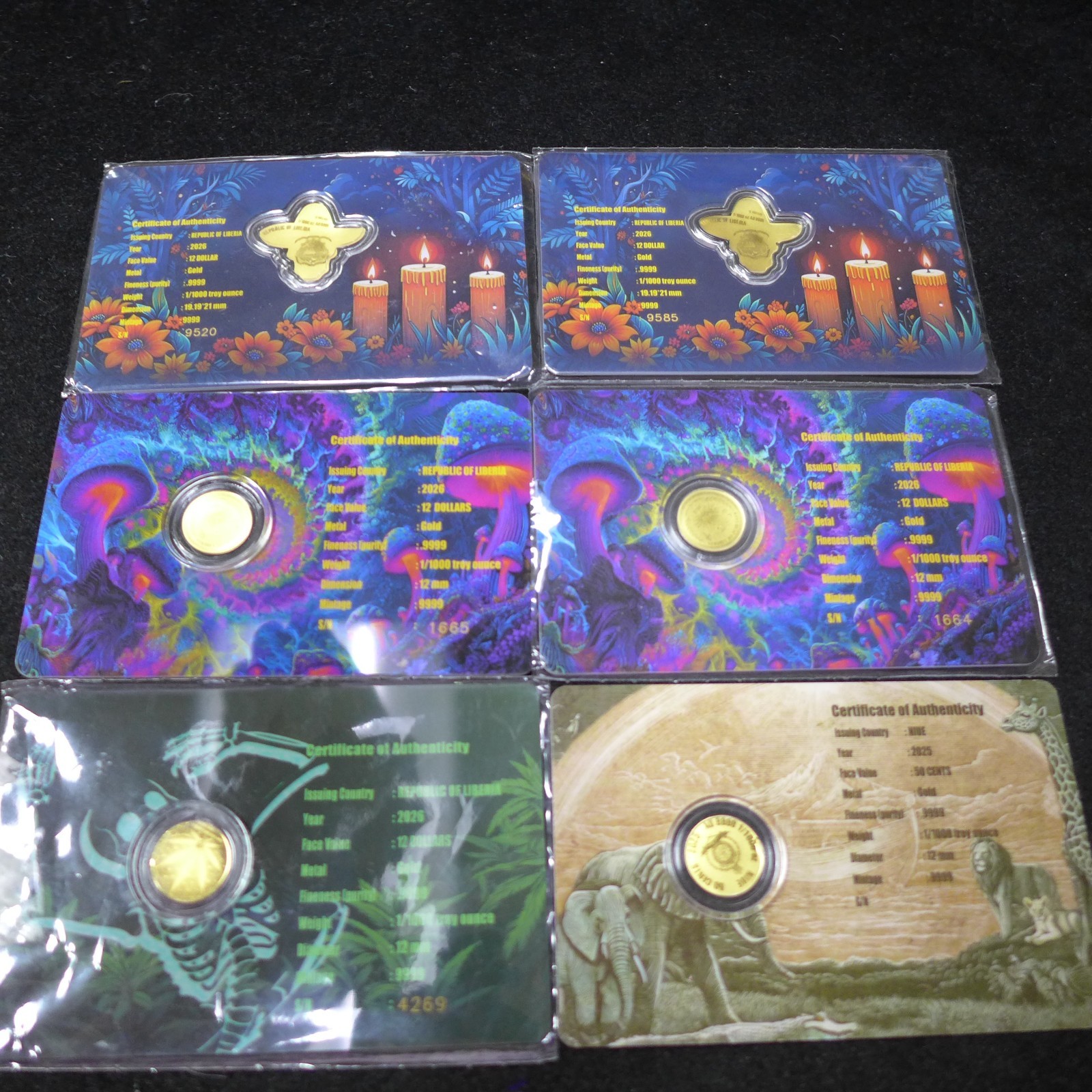 Lot of 6 – 1/1000th oz Gold Rounds Mix ~ Noah’s Arc, Magic Mushrooms, Cannabis..