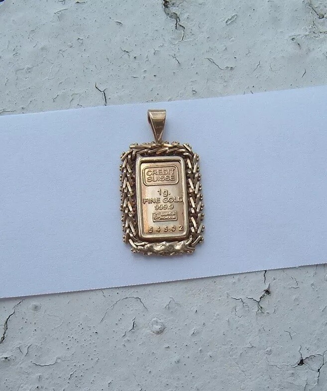 1 GRAM CREDIT SUISSE 999.9 GOLD BAR & 10K STAMPED MEXICO BEZEL PENDANT 3.2 GRAM