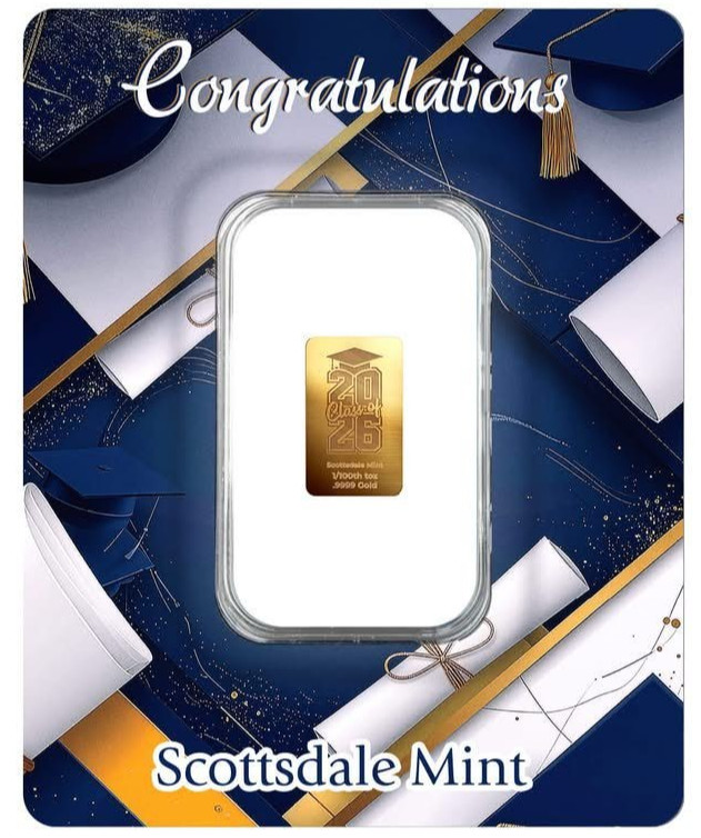 Scottsdale Mint Congrats 2026 Graduation 1/100 oz .9999 Gold Bar Certi-Lock Card