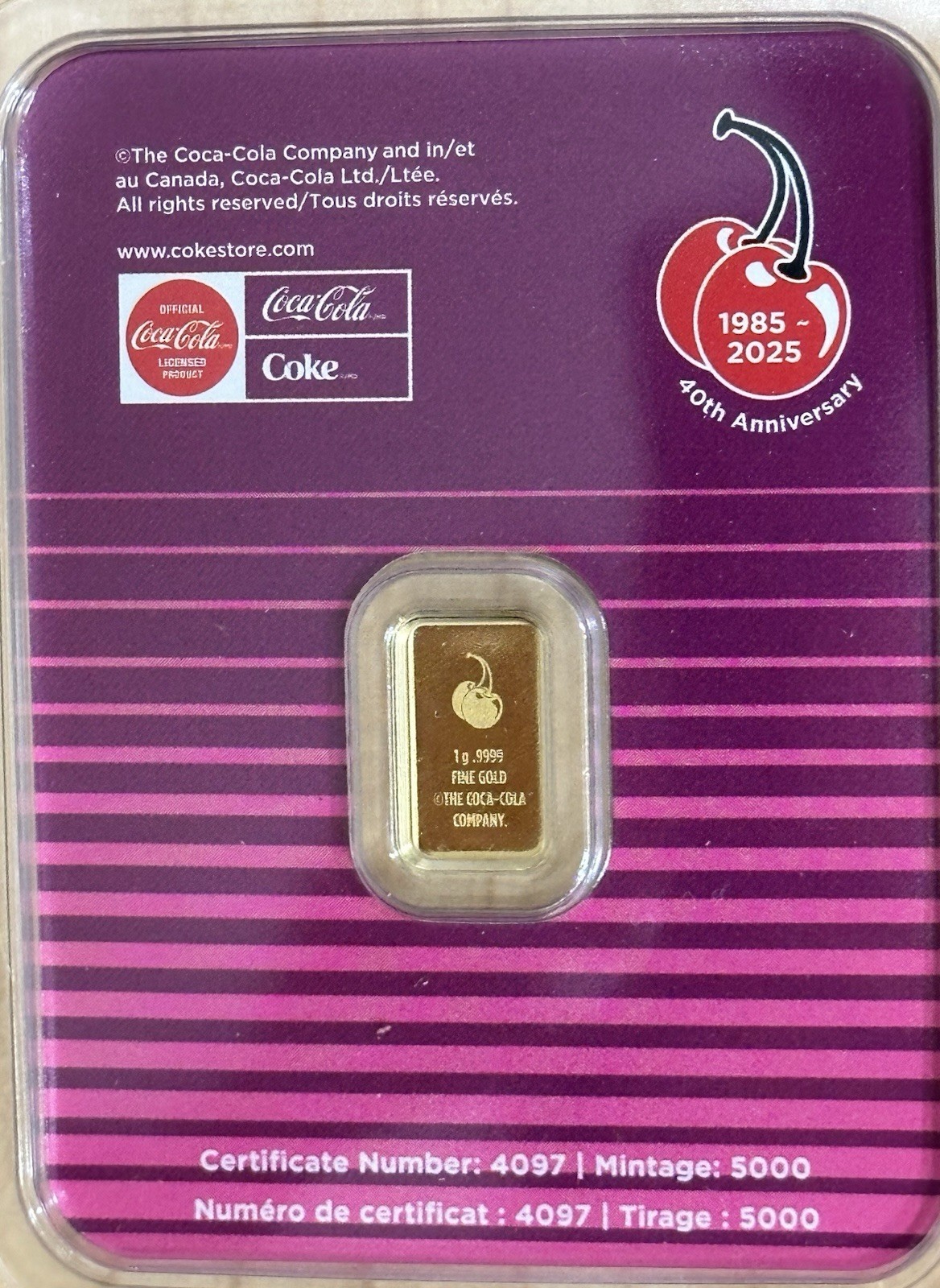 CHERRY COKE 1g 1 Gram .999 Gold Bar in TEP 40th Anniversary NEW Mintage 5000