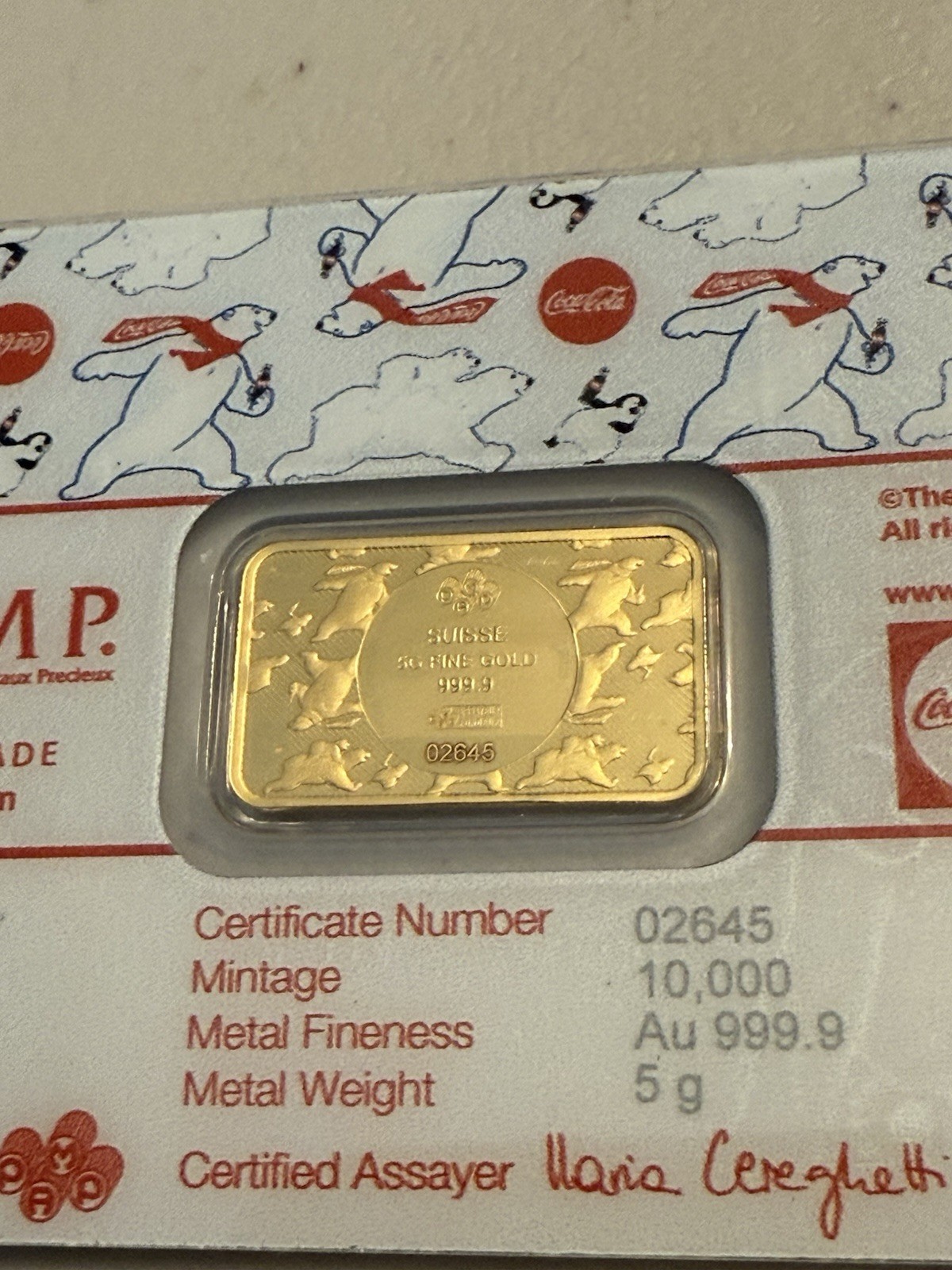 5 Gram Coca-Cola Holiday Polar Bear Gold Bar (New w/ Assay)