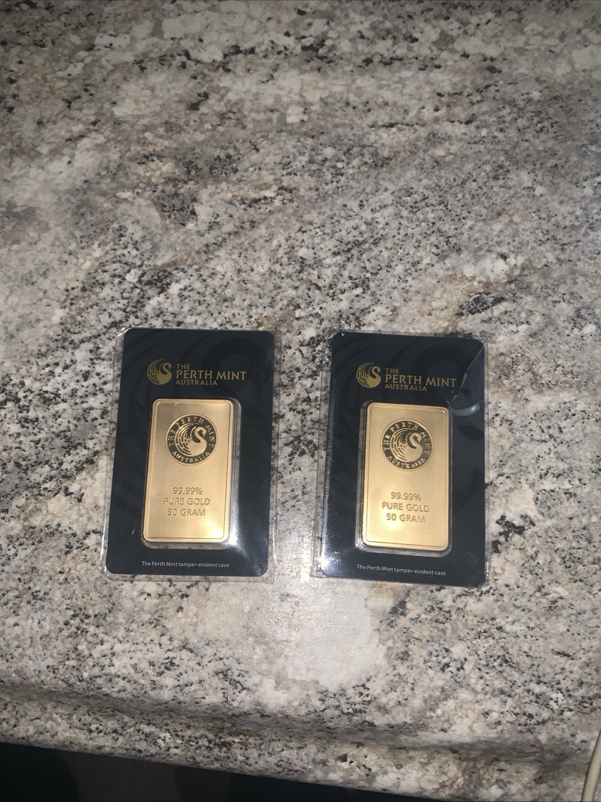 The Perth Mint 0.9999 Fine Gold Bar 50g Each (2 Bars) Total 100g