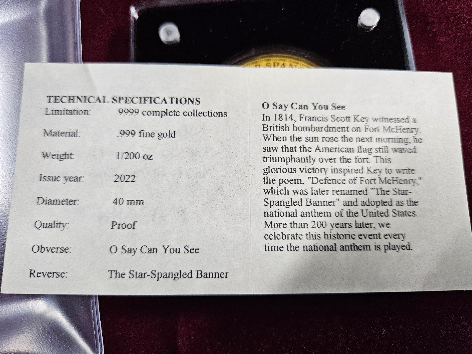 🌟 2022 American Mint STAR SPANGLED BANNER Eagle 1/200 oz .999 Gold Proof Round