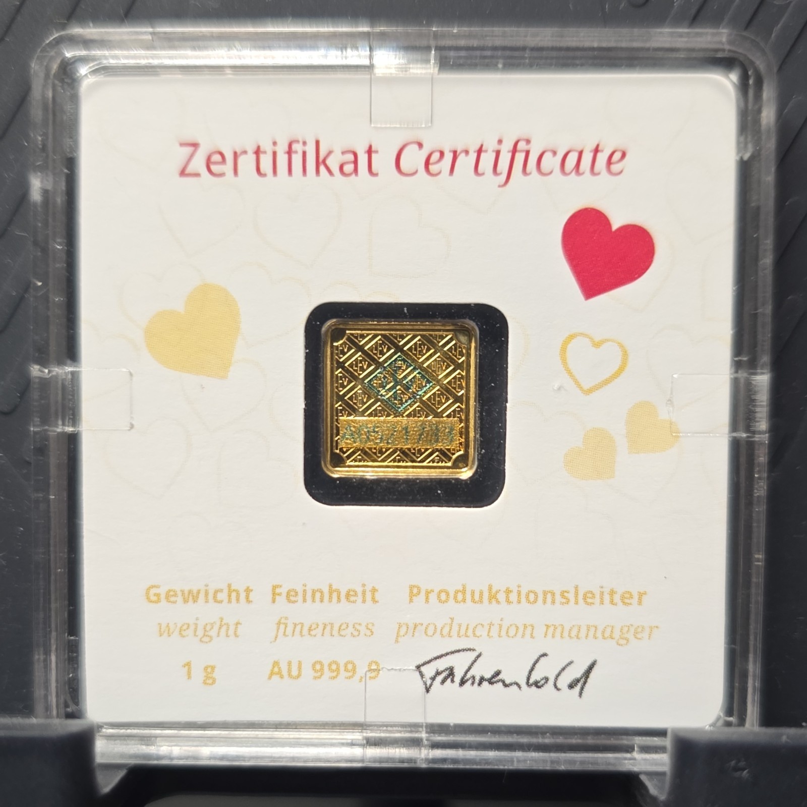Geiger Edelmetalle 1g Gold Bar 999.9 Fine Gold Bullion in assay.