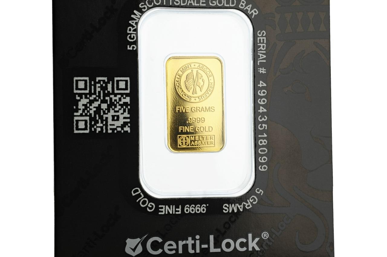 5 gram .9999 Gold Bar – Sealed in Certi-LOCK COA by Scottsdale Mint #A377
