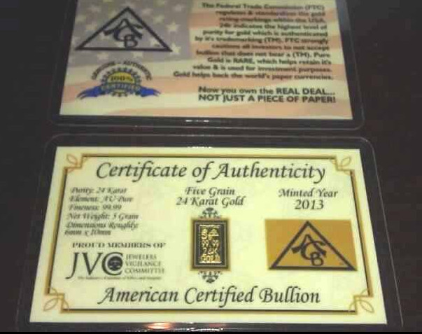 ACB GOLD 5GRAIN 24K SOLID GOLD BULLION MINT BAR 9999 FINE With CERTIFICATE.!$ G