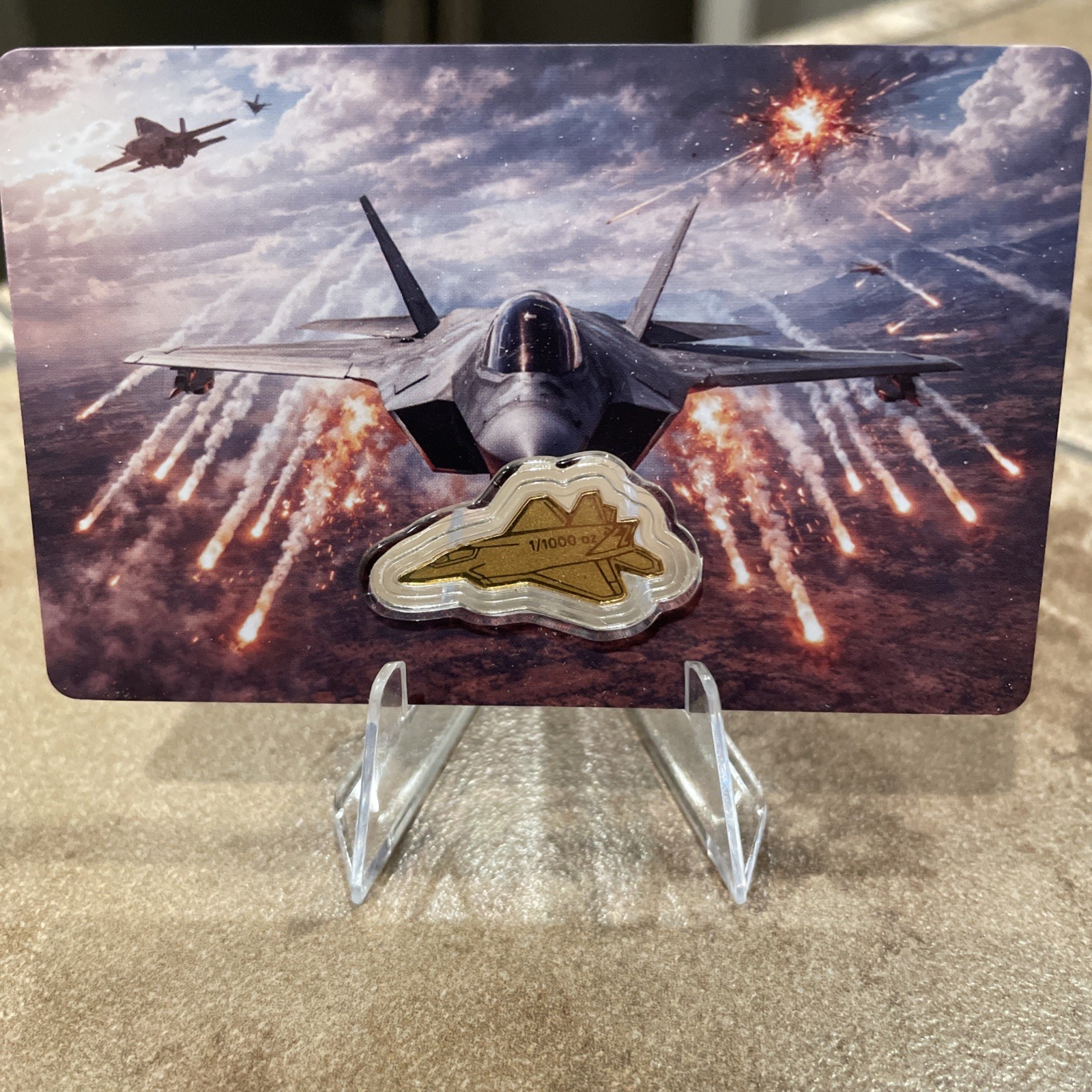CERTIFICATE OF AUTHENTICITY 1/1000 Oz Gold US Fighter Jet Art Bar .999 Fine