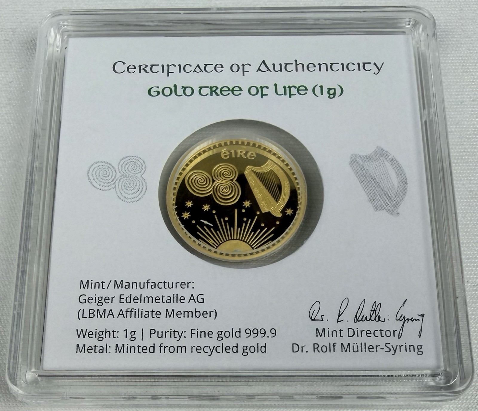 Geiger Edelmetalle Tara Coins Tree of Life 1 Gram .9999 Fine Gold In Hard Assay