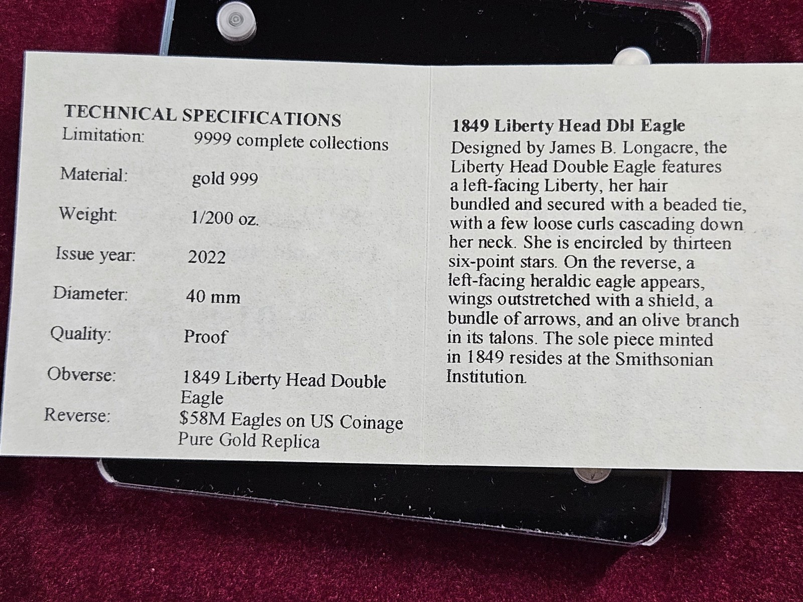 🌟 2022 American Mint LIBERTY HEAD DOUBLE Eagle 1/200 oz .999 Gold Proof Round
