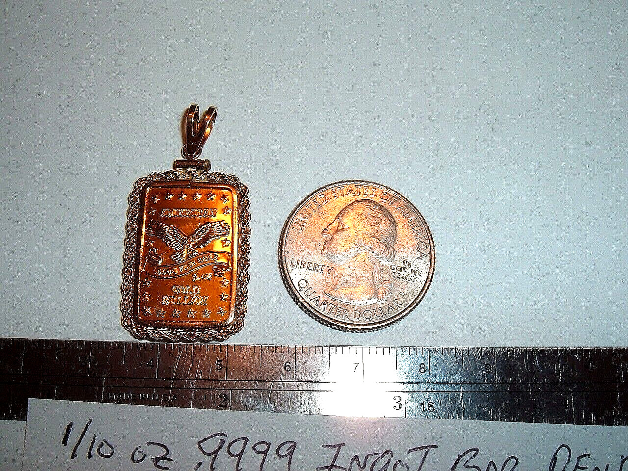 1/10 oz 24K GOLD 999.9 FINE INGOT BAR w / 14K ROPE BEZEL PENDANT CHAIN NECKLACE