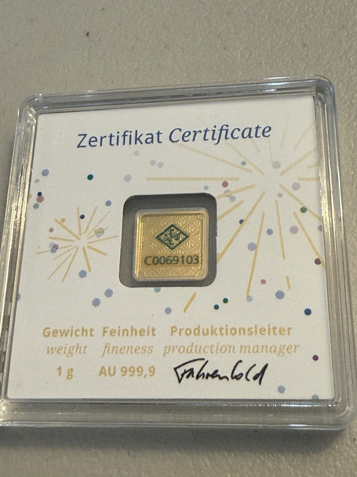 1g Gold Geiger Edelmetalle Square Bar .9999 Fine in Assay Card – Fireworks!