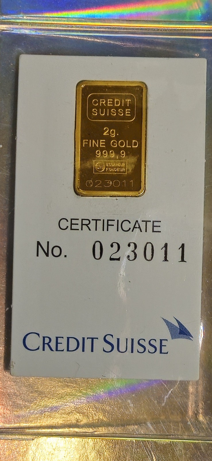 2 Gram Credit Suisse Gold Bar Certified 999.9 Valcambi W/Assay Card