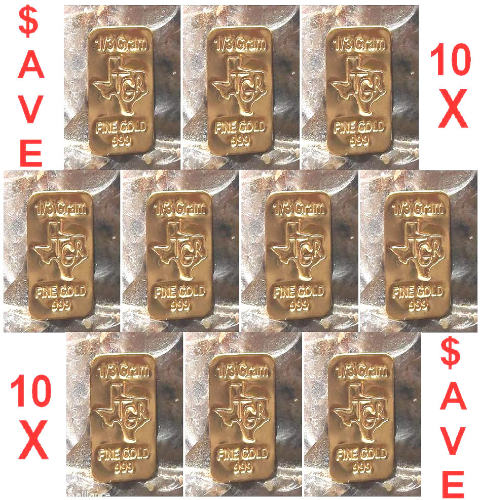 GOLD 24K PURE BULLION 10 BARS of one third GRAM 999 FINE INGOT LOT SAVE SAVE !!
