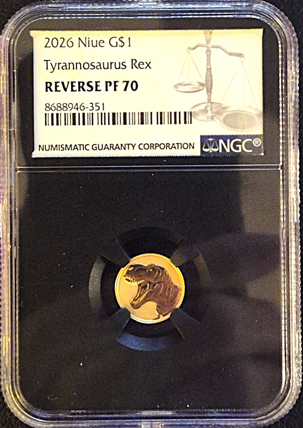 2026 REVERSE PF70 1g $1 NIUE 22kt FINE GOLD *TYRANNOSAURUS REX *NGC CERT