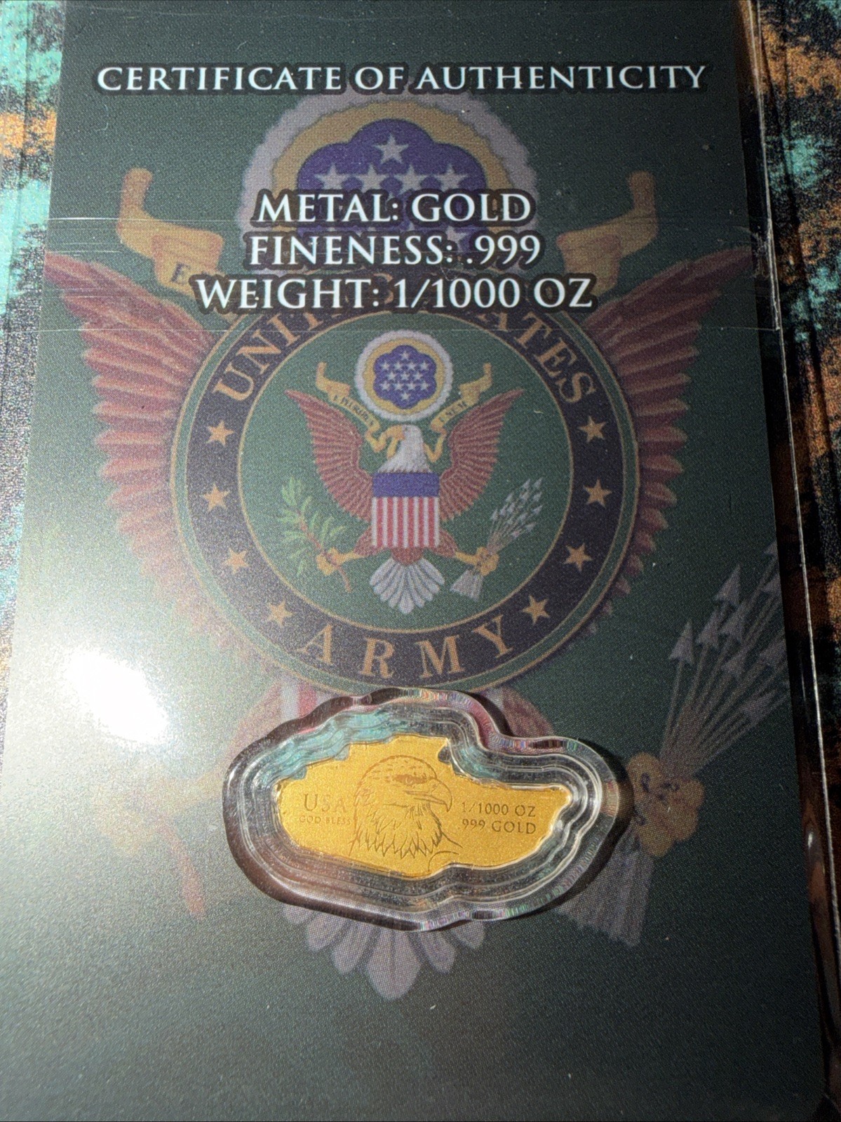 U.S. Army Tank Shaped 1/1000 oz Gold Coin in Card (9,999 Mintage)
