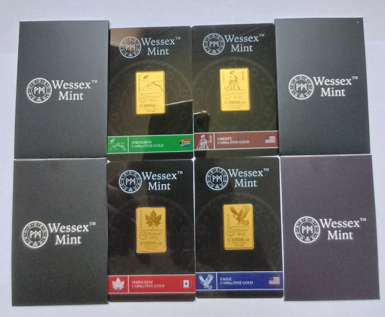 Wessex Mint 1/1000th oz 0.0311g Eagle, Liberty, Springbok & Maple Leaf Gold Bars