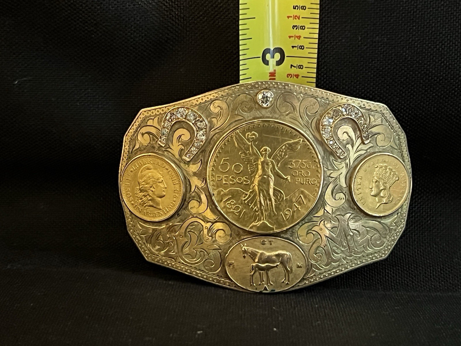 Ornate Gold Coin and Diamond Belt Buckle