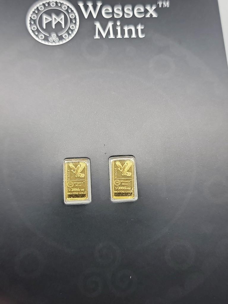 Wessex Mint Gold Bars, 2 x 1/200 999.9 Fine Gold, Eagle, Carded