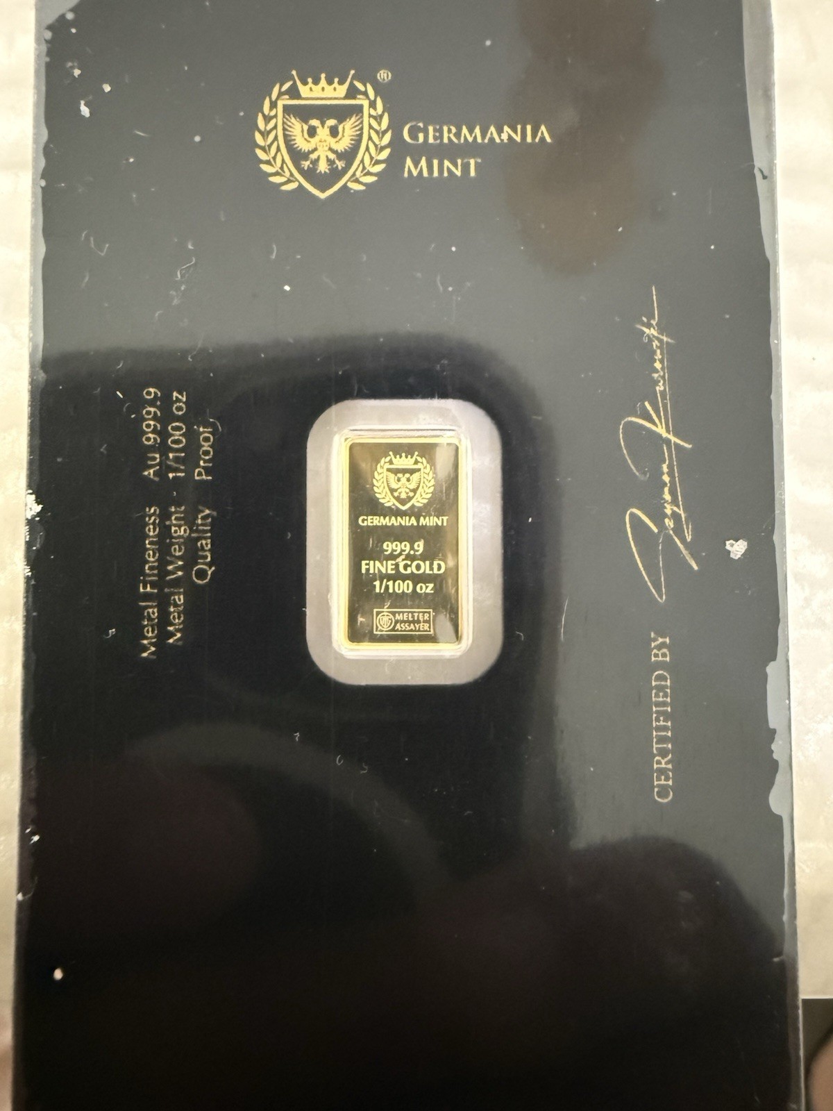 Beautiful Germania 1/100 oz Gold Proof Stamped Bar In Assay