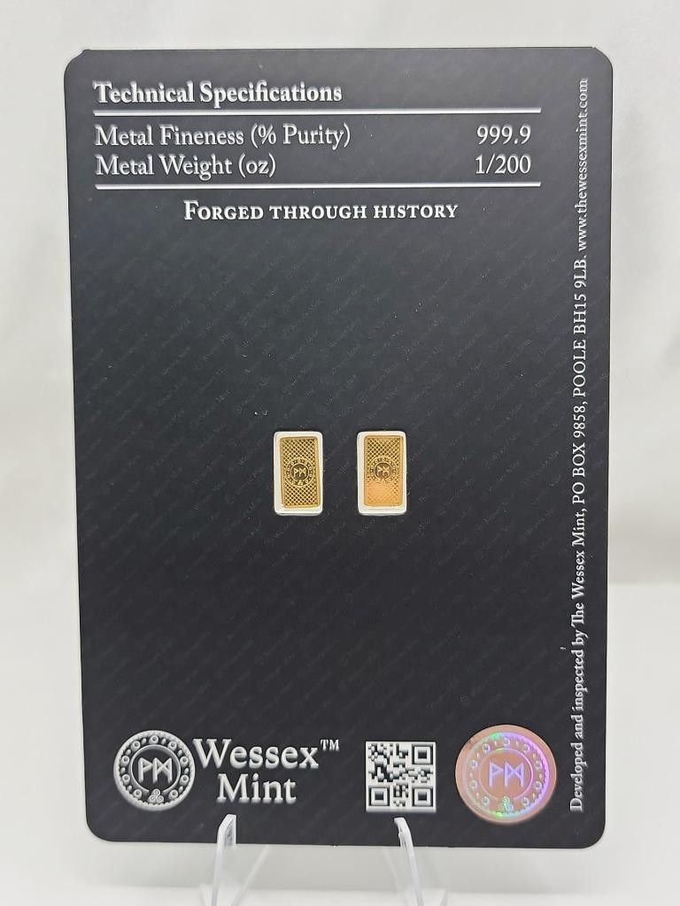 Wessex Mint Gold Bars, 2 x 1/200 999.9 Fine Gold, Eagle, Carded