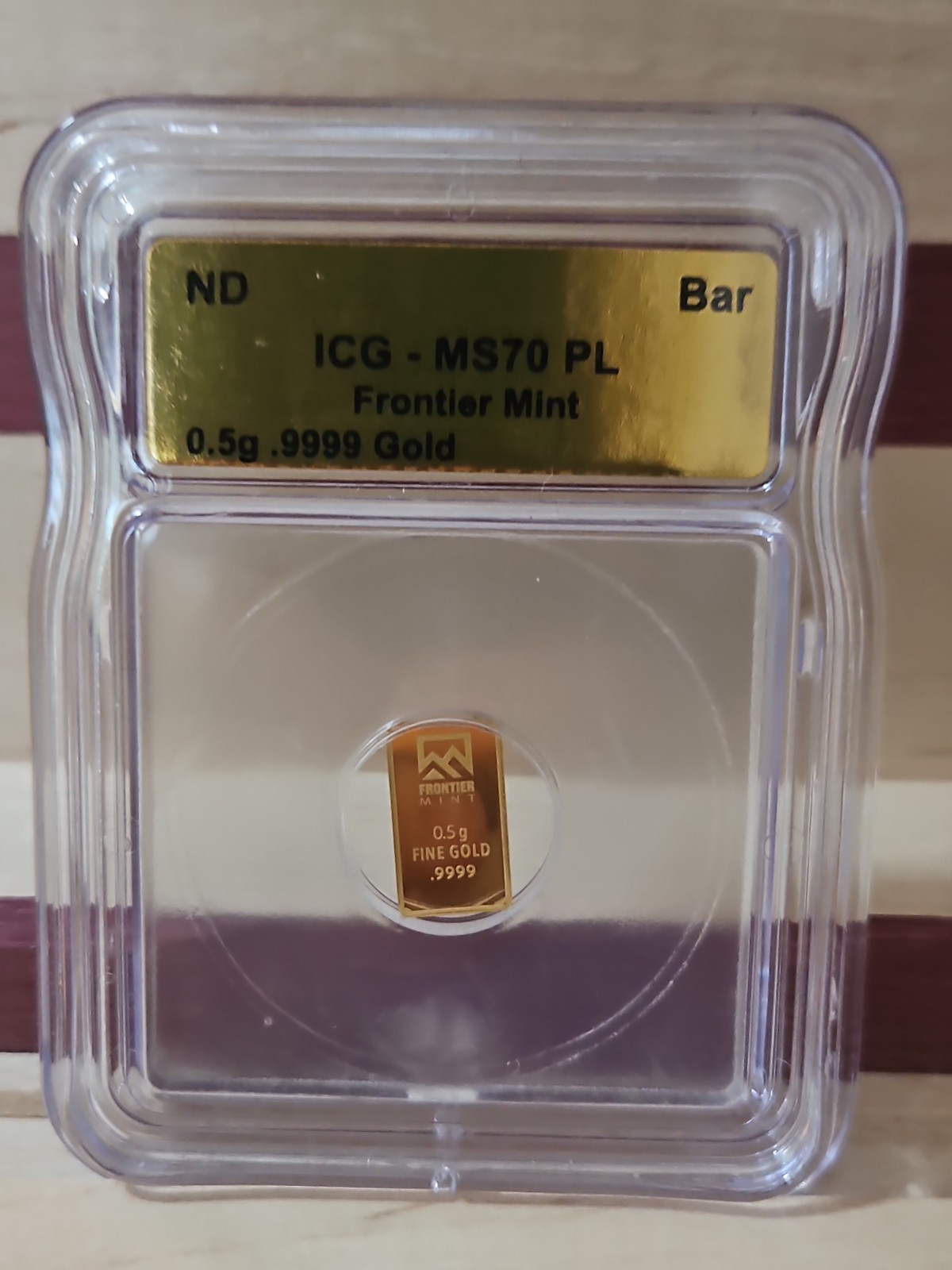 0.5 GRAM GOLD BAR – Frontier Mint .9999 fine ICG Slabbed MS70PL