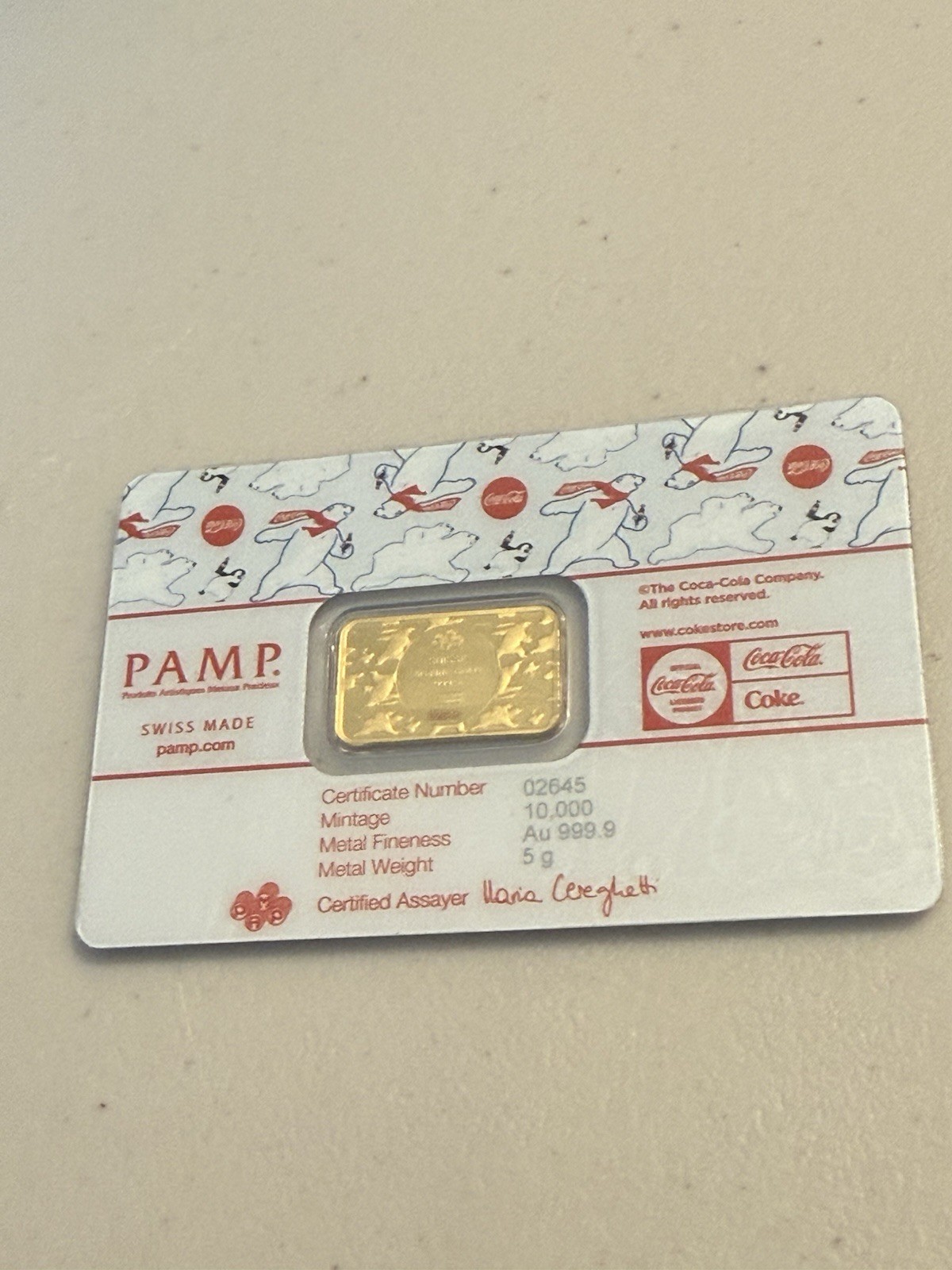 5 Gram Coca-Cola Holiday Polar Bear Gold Bar (New w/ Assay)