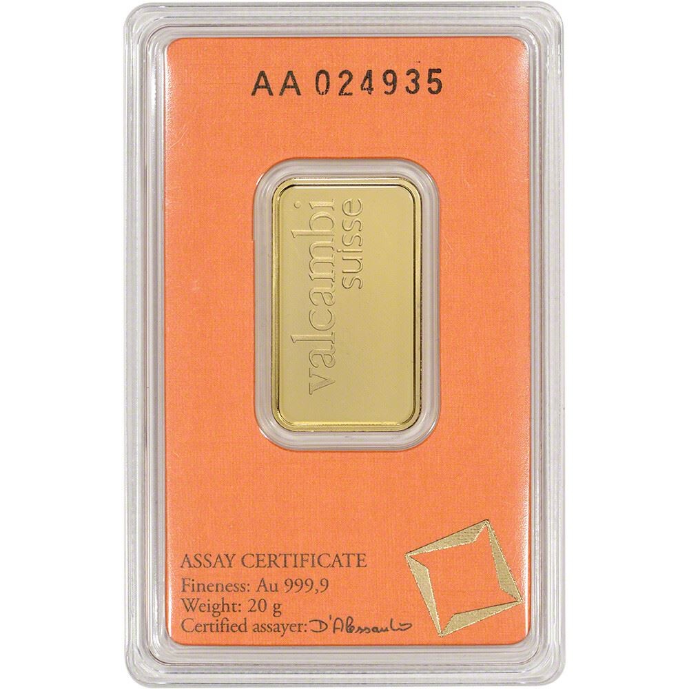 20 gram Gold Bar – Valcambi Suisse – 999.9 Fine in Sealed Assay