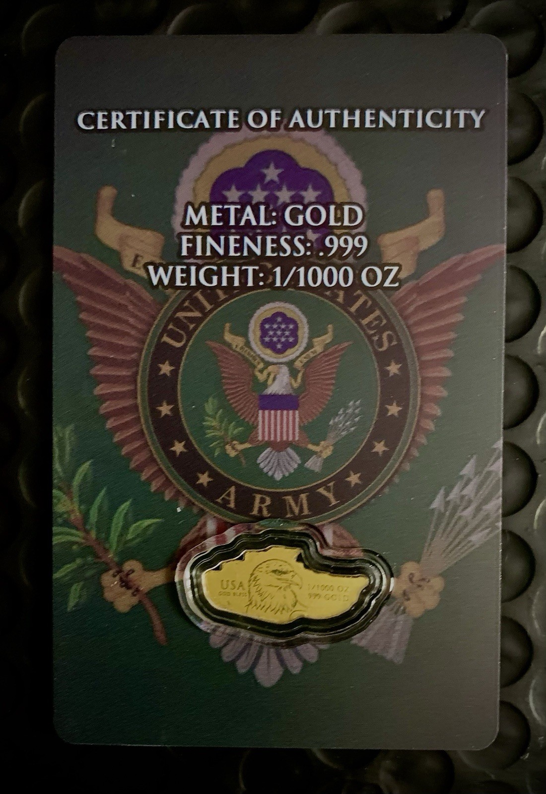 U.S. Army Tank Shaped 1/1000 oz Gold Coin in Card & Capsule