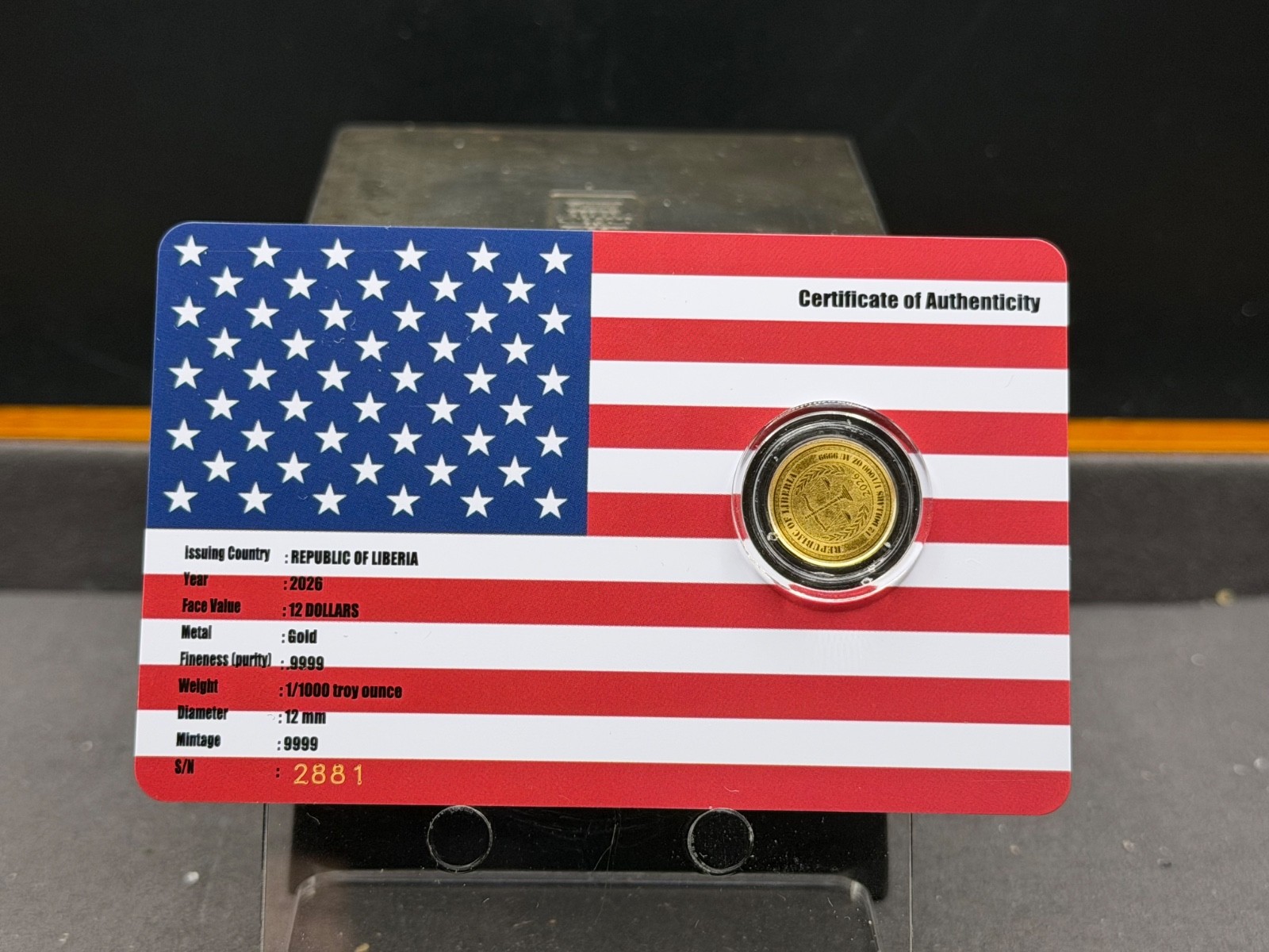 1/1000 oz Gold Coin Card 9999 Fine Gold 100 Dollar Bill Flag Theme