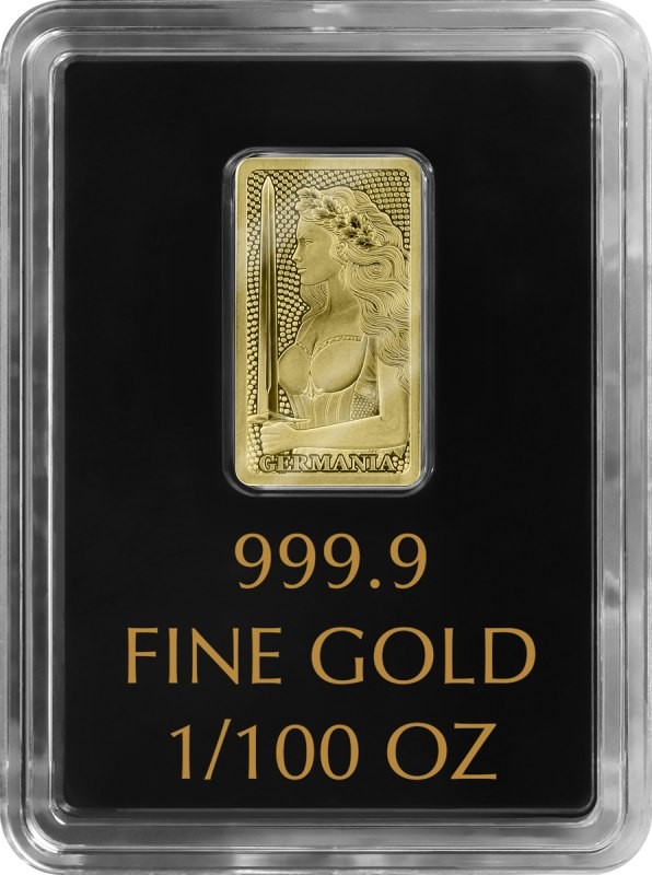 Germania Mint 1/100 Gold Lady Germania Stamped Bar in Capsule