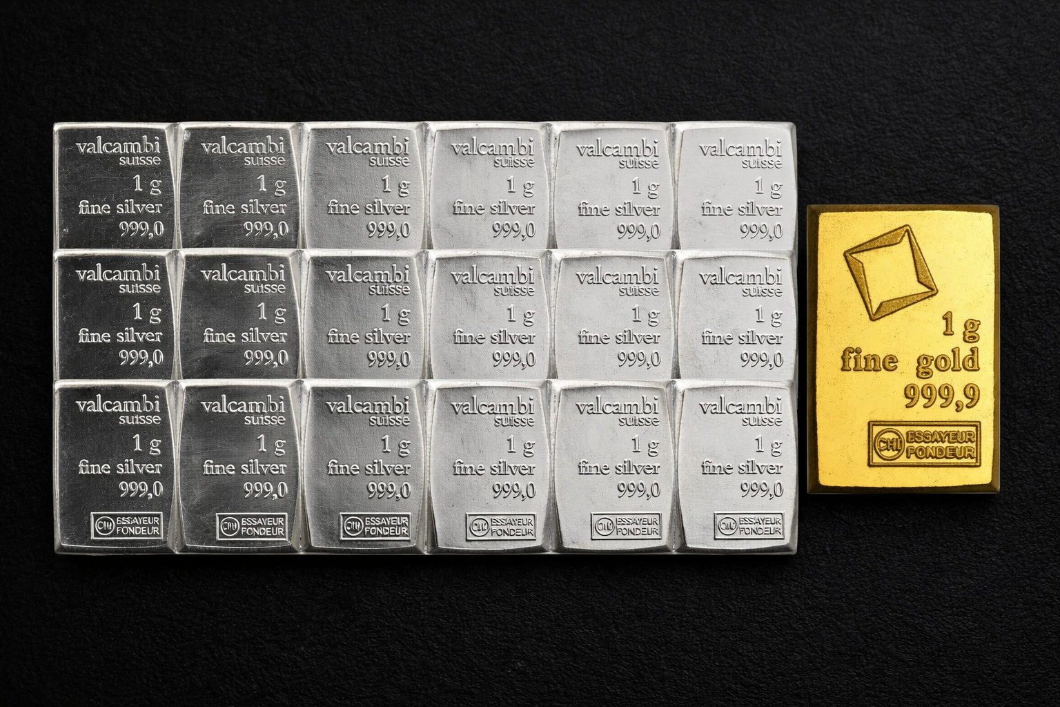 1 GRAM GOLD & 20x 1 GRAMS SILVER VALCAMBI SWISS BULLION Combibar .999 PURE Bars