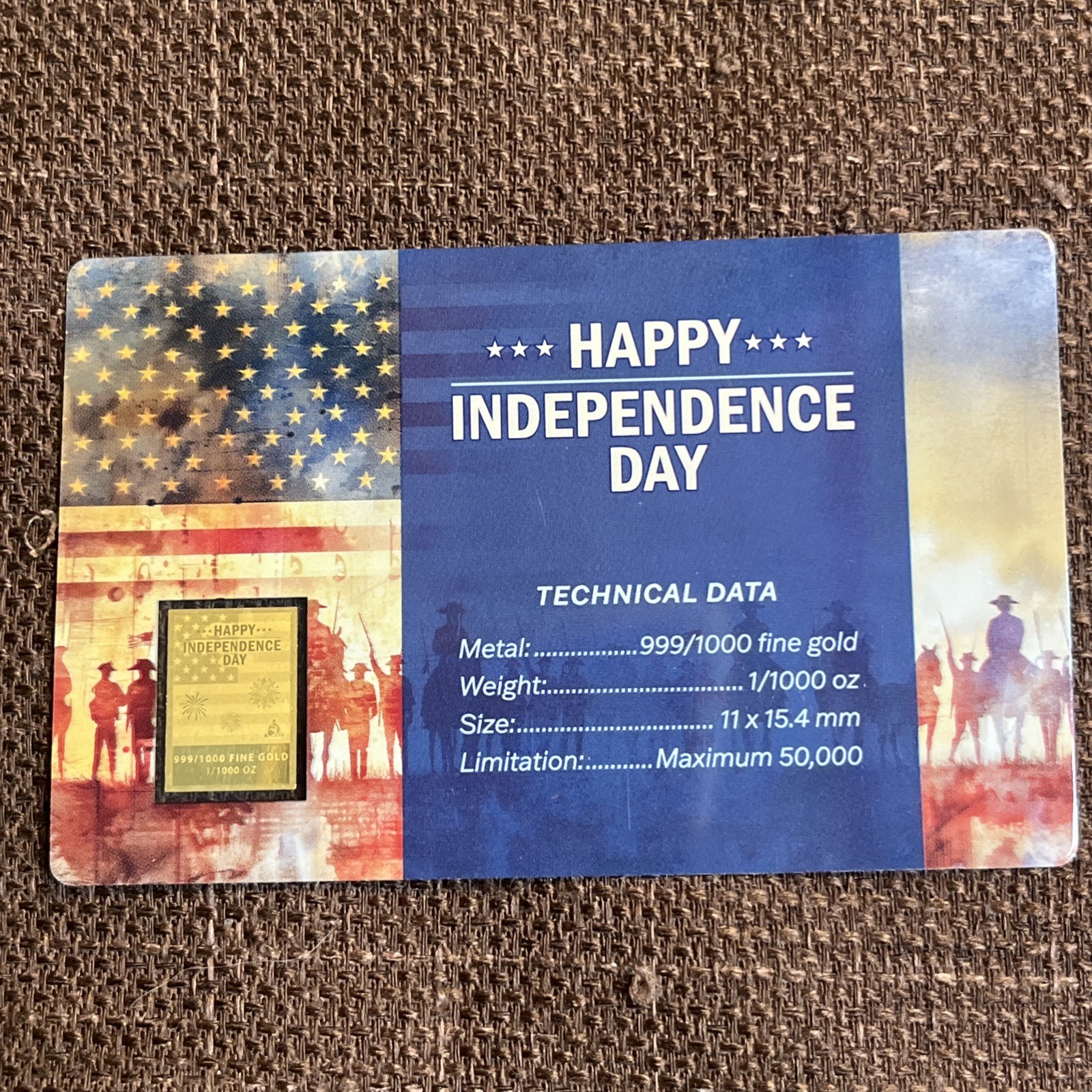 Happy Independence Day 1/1000 oz Gold Bar 0.999 Fine Bullion