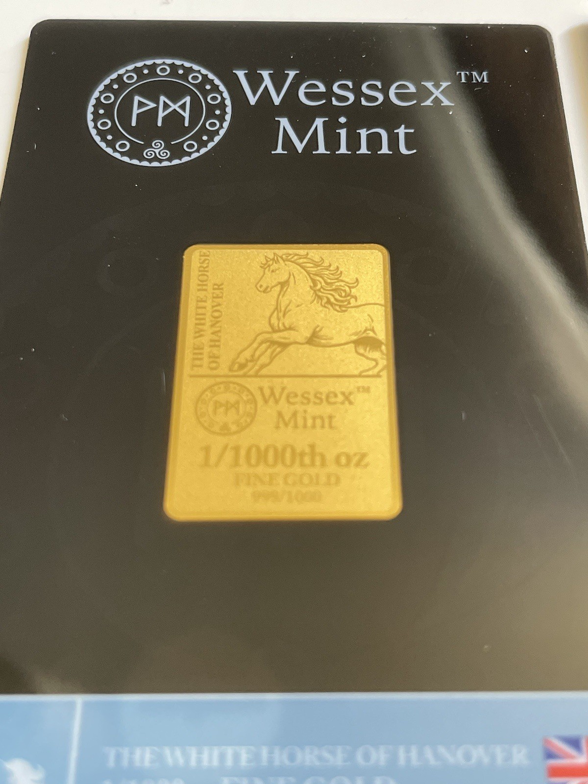 1/1000th Wessex Mint Gold Bar in Sleeve The White Horse of Hanover With COA