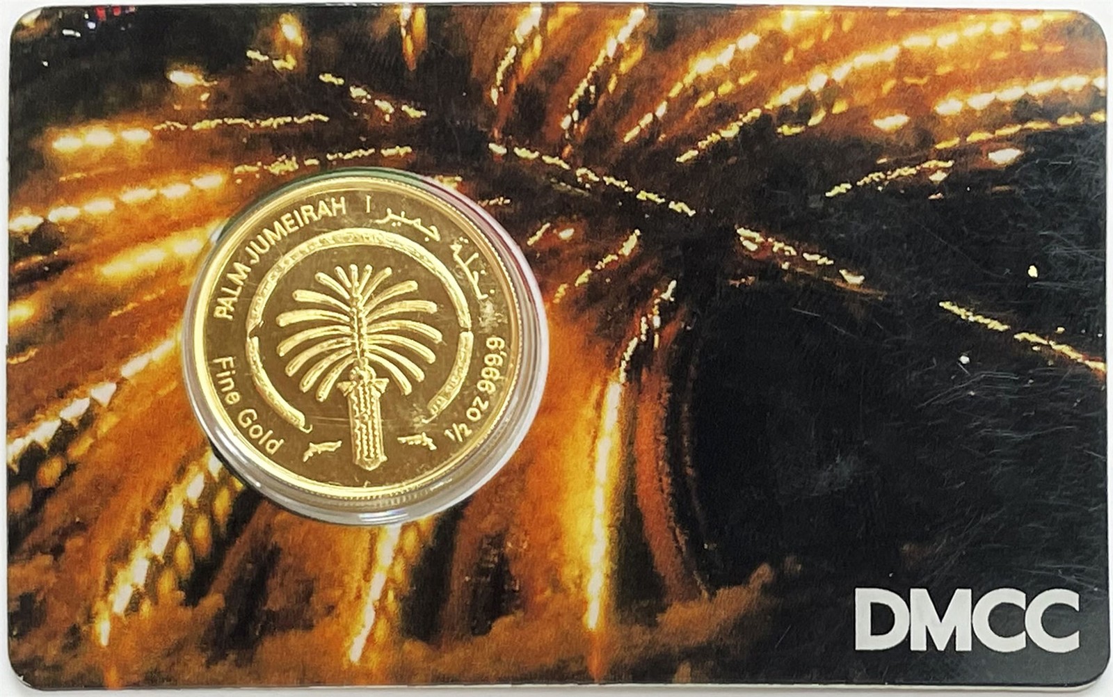 DUBAI PALM JUMEIRAH DMCC 1/2 OZ GOLD .9999 FINE SEALED ROUND IN ASSAY CARD