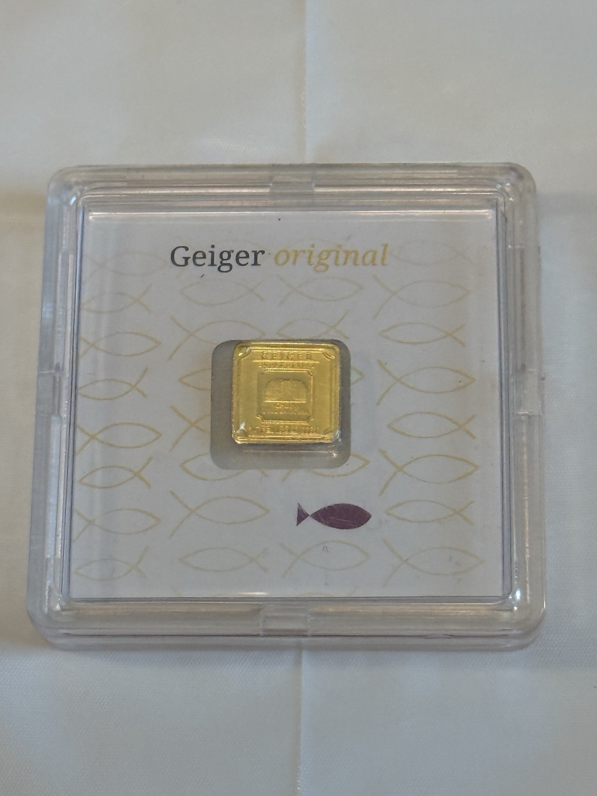 Geiger Edelmetalle 1g Gold Bar Purple Religious Fish Assay .9999 Fine