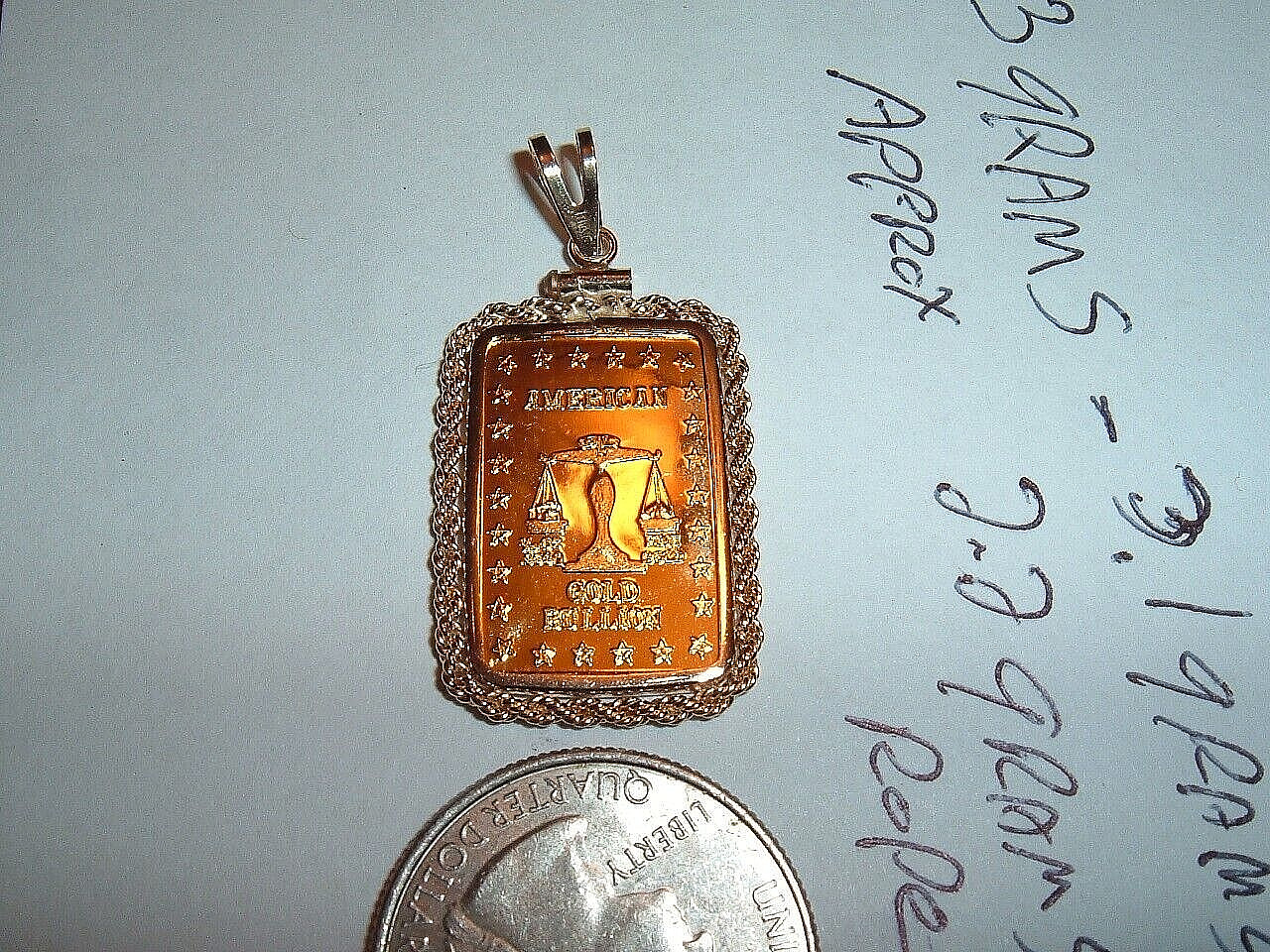 1/10 oz 24K GOLD 999.9 FINE INGOT BAR w / 14K ROPE BEZEL PENDANT CHAIN NECKLACE