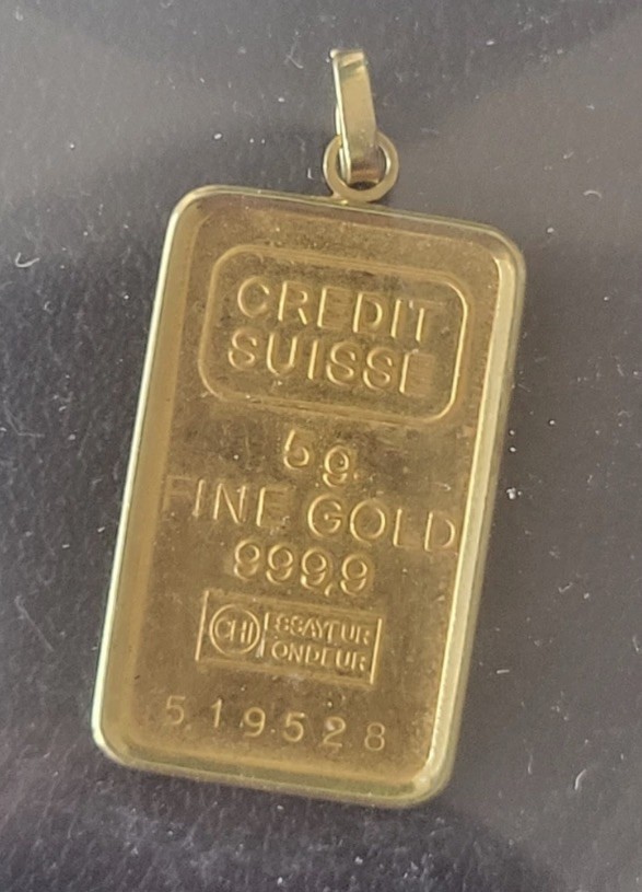 CREDIT SUISSE 5 GRAM 999.9 FINE 24k GOLD BAR BULLION PENDANT W/.6 G 14K Bezel