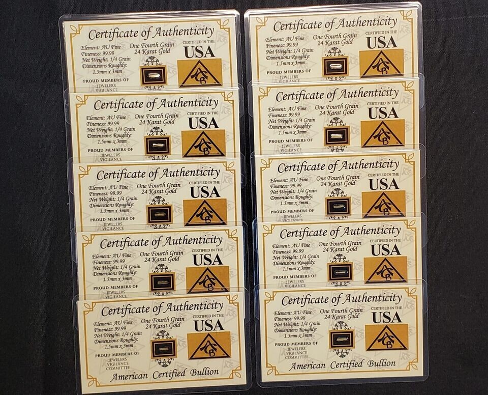GOLD x10 ACB 1/4GRAIN 24K SOLID BULLION MINTED BAR 9999 FINE CERT/AUTHENTICITY%