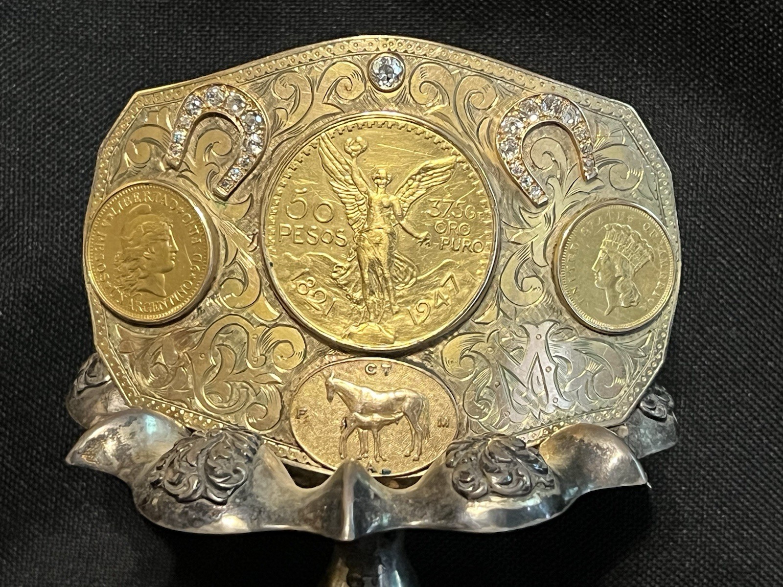 Ornate Gold Coin and Diamond Belt Buckle
