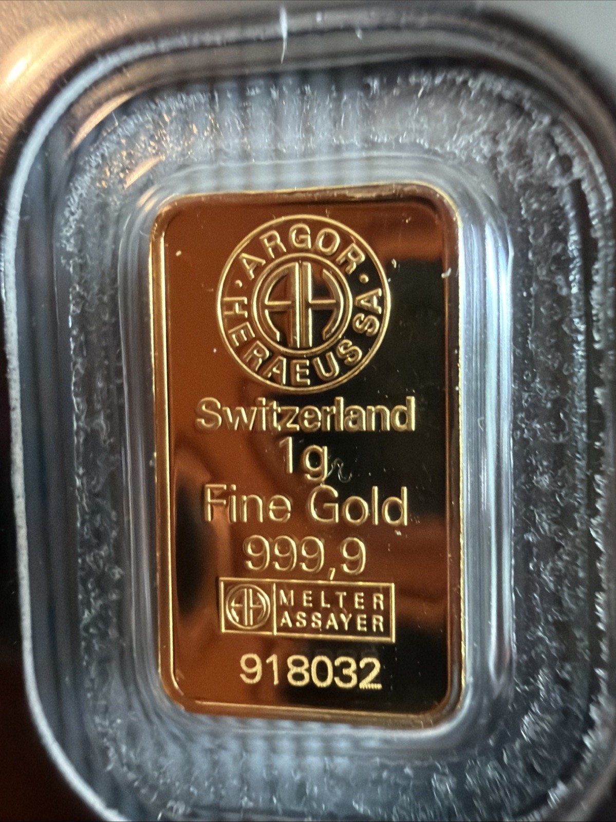1 Gram Gold Argor Heraeus Bar 1 g .9999 Fine Gold – In Assay