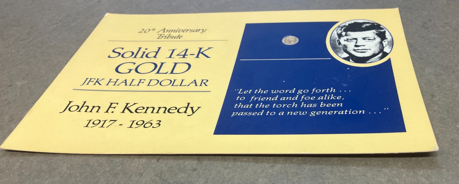JFK 20th Anniversary Tribute, 14K GOLD Miniature Half Dollar & COA, 1964 – 1984