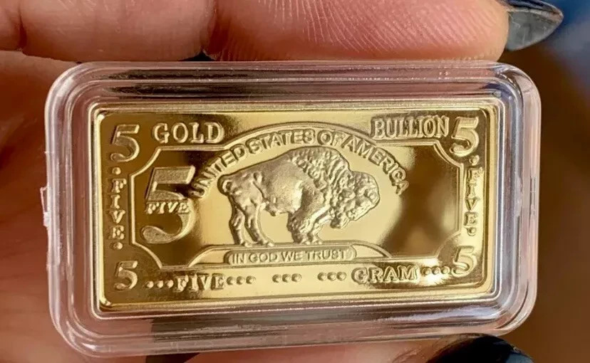 5 GRAM INGOT 100 MILLS AMERICAN BUFFALO GOLD PLATED FINE GOLD 999/1000