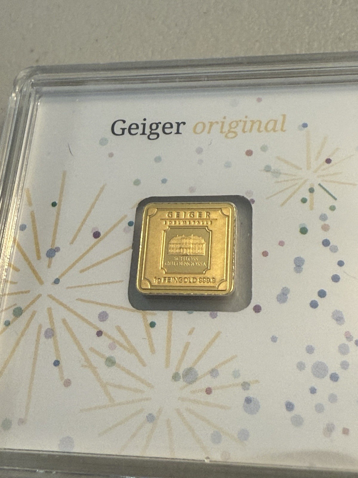 1g Gold Geiger Edelmetalle Square Bar .9999 Fine in Assay Card – Fireworks!