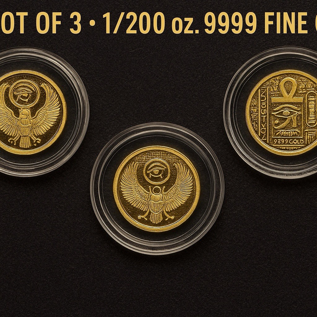 Lot of 3 • 1/200 oz .9999 Fine Gold Rounds •Eye of Horus & Ankh •Egypt Design BU