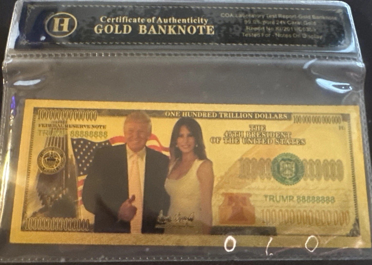 Donald & Melania Trump 24K Gold Banknote COA Laboratory Tested 99.9% 10pk