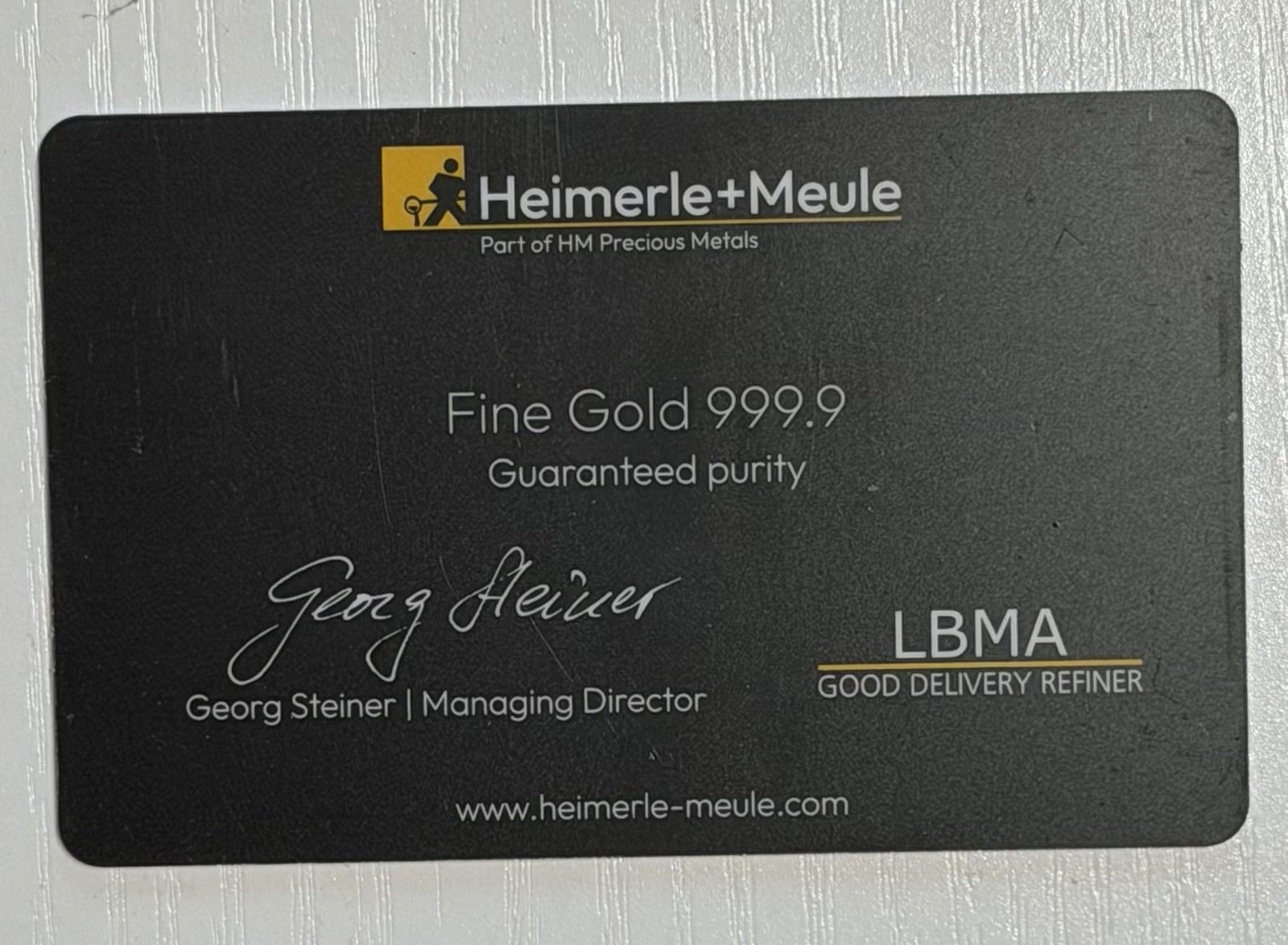 Heimerle+Meule 1/200 oz Gold Bar .9999 Fine Gold Secain Card