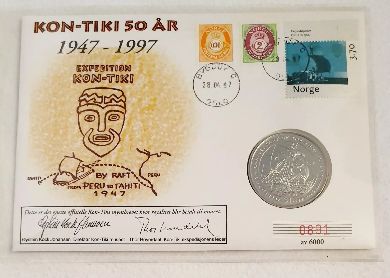 Thor Heyerdahl Autograph Gold 100 Tala Ra 2 and 2 silver Kon-Tiki and Ra 2 RARE!