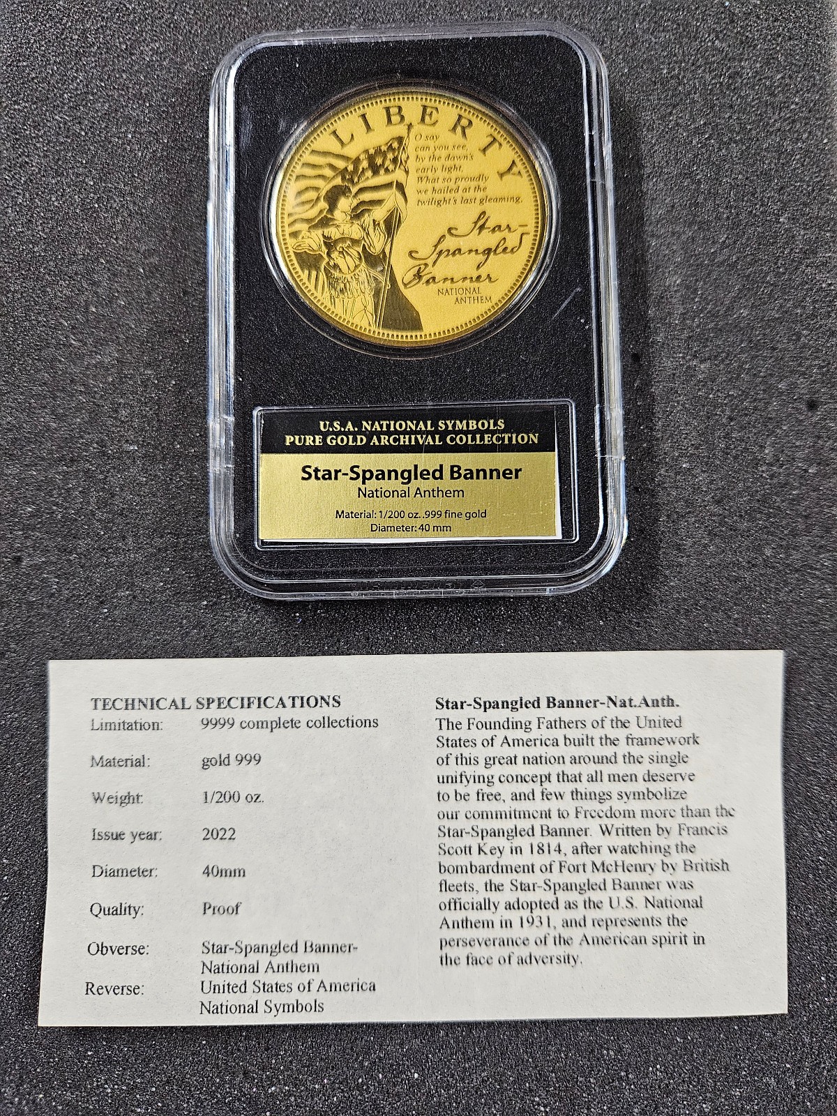 🌟 2022 American Mint STAR SPANGLED BANNER Eagle 1/200 oz .999 Gold Proof Round